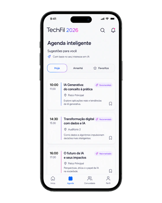 Tela de agenda inteligente do app TechFil 2026